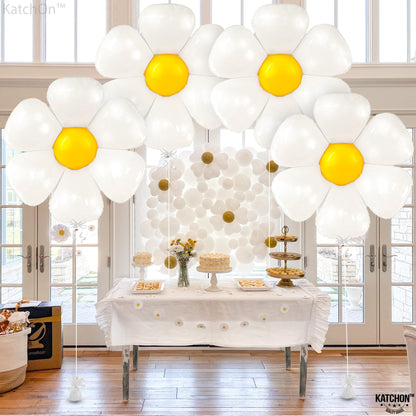 Katchon, Large White Daisy Balloons - 4pcs, 45 Inch | Pack of 4 | Groovy Party Decorations | Flower Balloon for Bachelorette Party Decorations | Groovy Mylar Balloons | Daisy Party Decorations