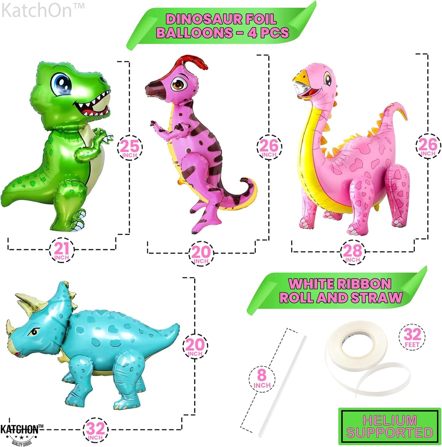 KatchOn, Large Pink Dinosaur Balloons for Birthday Party - Pack of 4 | Pink Dino Balloons for Dinosaur Party Decorations | Dinosaur Birthday Party Supplies for Three Rex Birthday Decorations Girl