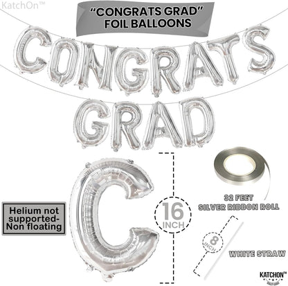 Graduation Decorations 2026 | Congrats Grad Balloons - 16 Inch | Silver Congrats Grad Banner | Congratulations Banner For 2026 Graduation Decorations | Silver Graduation Balloons, KatchOn