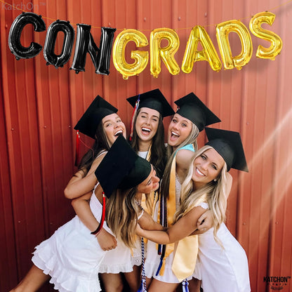 Black and Gold Congrats Balloons - 16 Inch, Graduation Balloons | Congrats Grad Foil Balloons for Graduation Decorations 2026 | Black and Gold Graduation Decorations | Congrats Grad Banner - KatchOn