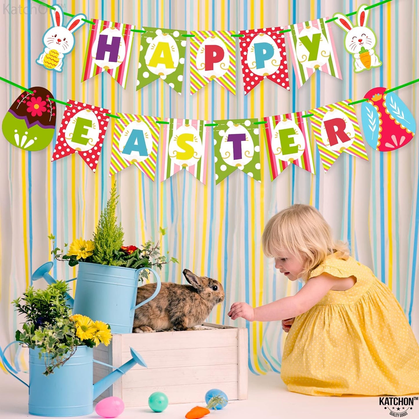 KatchOn, Pre-Strung Happy Easter Banner for Mantle - 10 Feet, No DIY | Happy Easter Sign for Easter Party Decorations | Easter Backdrop for Easter Decorations for the Home | Easter Garland Decorations