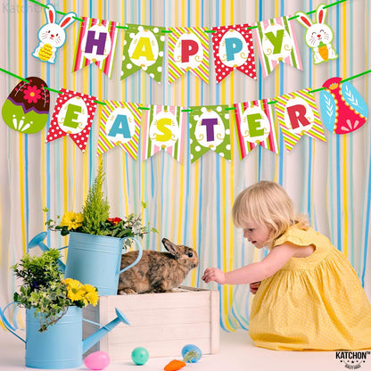 KatchOn, Pre-Strung Happy Easter Banner for Mantle - 10 Feet, No DIY | Happy Easter Sign for Easter Party Decorations | Easter Backdrop for Easter Decorations for the Home | Easter Garland Decorations