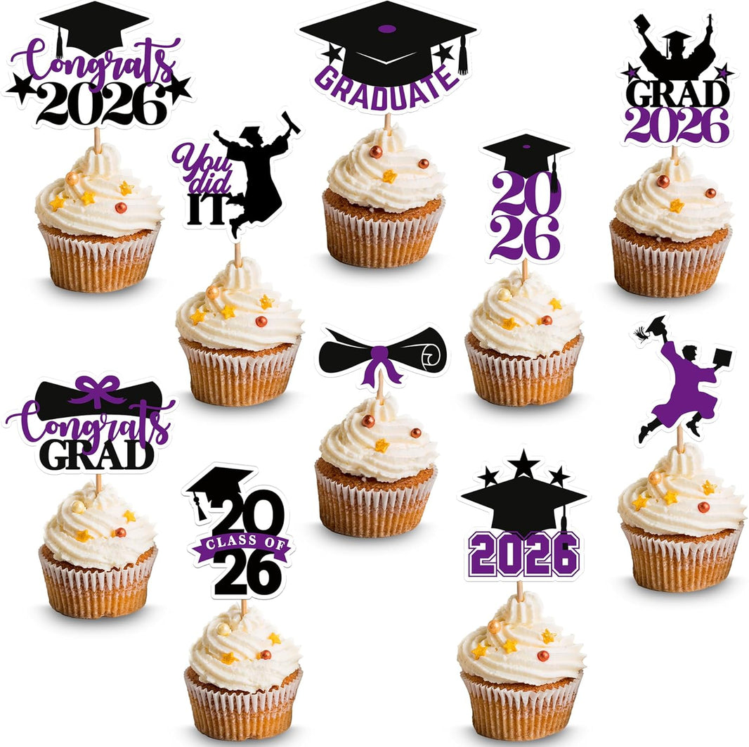 Graduation Decorations 2026 | Purple and Black Graduation Cake Topper 2026 - Pack of 36 | Graduation Cupcake Toppers 2026 for Graduation Decorations 2026, Dessert Toppers Grad, KatchOn