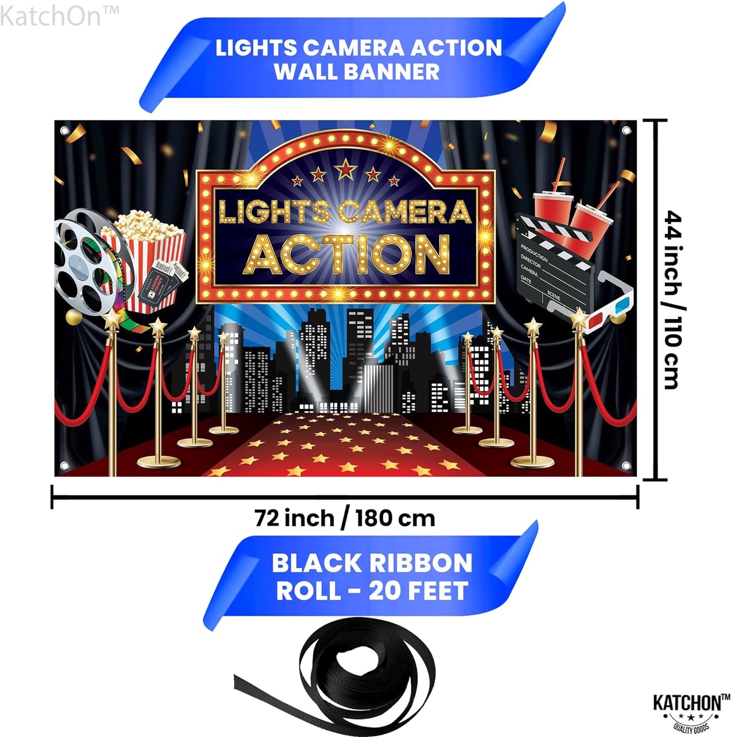 KatchOn, Lights Camera Action Backdrop - Large, 72x44 Inch | Movie Theme Party Decorations, Oscar Party Decorations | Lights Camera Action Decorations | Hollywood Backdrop for Movie Party Decorations