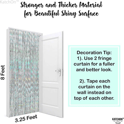 KatchOn, Holographic Silver Streamer Backdrop - XtraLarge 6.4x8 Feet, Pack of 2 | Silver Fringe Backdrop for Silver Streamers Party Decorations | Silver Tinsel Backdrop for Disco Party Decorations