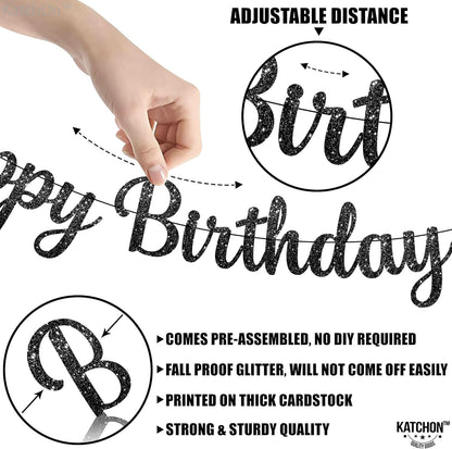KatchOn, Glitter Black Happy Birthday Banner - 10 Feet, Pre-Strung | Happy Birthday Sign Black, Black Birthday Decorations | Black Birthday Banner, Happy Birthday Decorations | Happy Birthday Garland