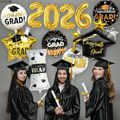 Graduation Decorations 2026 Graduation Balloons Set - Pack of 11 | Big, 28 Inch, Grad Cap Balloon | Gold 2026 Balloons, Class of 2026 Decorations | Congrats Grad Balloon | KatchOn