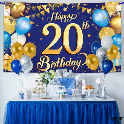 KatchOn, Blue and Gold 20th Happy Birthday Banner - 72x44 Inch | 20th Birthday Backdrop, 20th Birthday Decorations for Men | 20 Year Old Birthday Decorations | 20th Blue and Gold Birth day Decorations