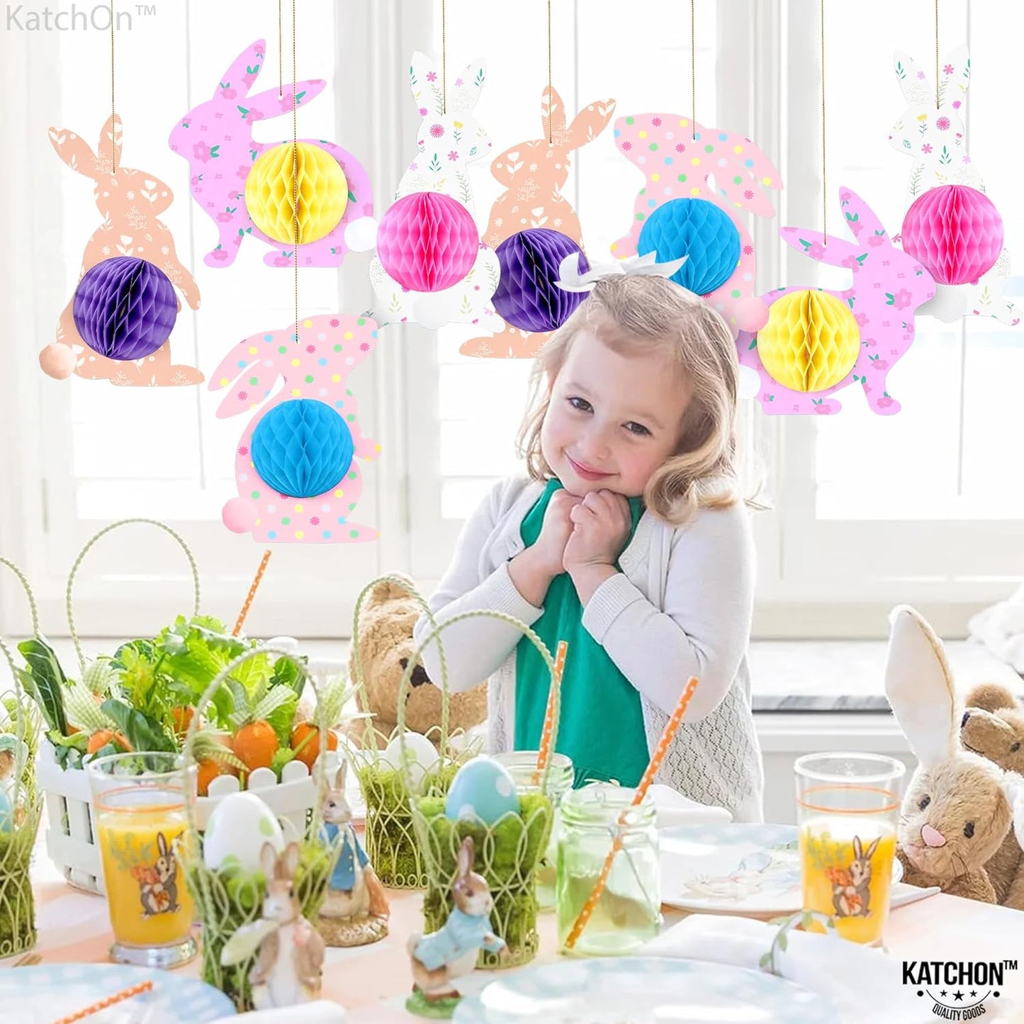 KatchOn, Easter Bunny Honeycomb Decorations - Pack of 8 | Easter Honeycomb Centerpieces | Easter Hanging Decorations for Hanging Bunny Party Decorations | Happy Easter Decorations for Classroom, Home