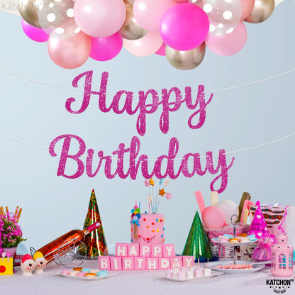 KatchOn, Glitter Hot Pink Cursive Happy Birthday Banner - Pre-Strung, 10 Feet | Birthday Decorations for Women, Girls | Hbd Banner Backdrop For Pink Party Decorations, Happy Birthday Sign