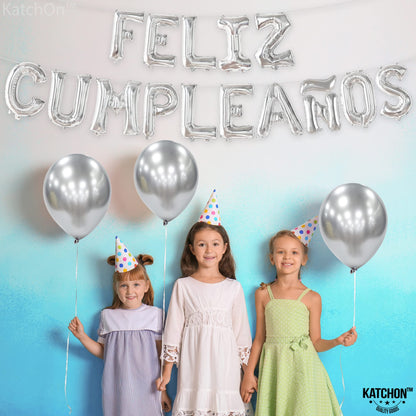 KatchOn, Silver Feliz Cumpleanos Balloons Banner - 16 Inch | Silver Feliz Cumpleanos Banner for Feliz Cumpleanos Decorations | Mylar Happy Birthday Balloon Letters for Spanish Birthday Decoration
