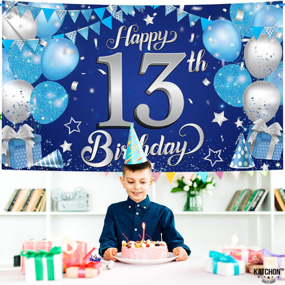 KatchOn, XtraLarge Blue Happy 13th Birthday Banner - 72x44 Inch | 13th Birthday Decorations for Boys and Girls | Blue and Silver 13 Birthday Backdrop | Happy 13th Birthday Decorations for Teenagers