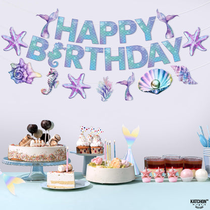KatchOn, Blue Happy Birthday Banner - 10 Feet, No DIY | Happy Birthday Sign,mermaid party decorations | Mermaid Birthday Banner for Under The Sea Party Decorations | Mermaid Birthday Decorations
