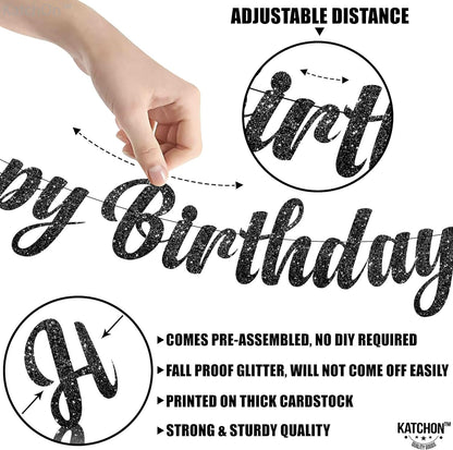 Katchon, Glitter Black Happy Birthday Banner - 10 Feet, Pre-Strung, No DIY | Birthday Banners for Adults, Black Happy Birthday Sign for Girls | Happy Birthday Sign for Happy Birthday Decorations
