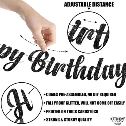 KatchOn, Glitter Black Happy Birthday Banner - Pre-Strung, 10 Feet |  Birthday Decorations for Men, Women | Happy Birthday Banner Backdrop For Black Party Decorations, Halloween Decorations