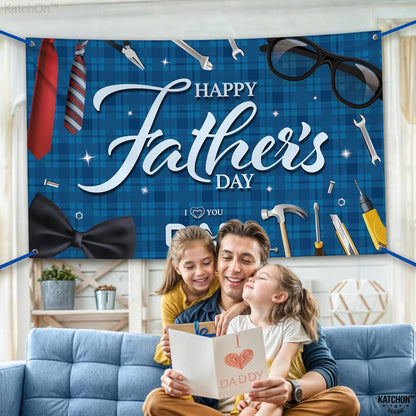 KatchOn, Blue Happy Fathers Day Banner Backdrop - XtraLarge, 72x44 Inch | Blue Happy Fathers Day Decorations for Party | Happy Father's Day Backdrop for Party | I Love You Dad Banner