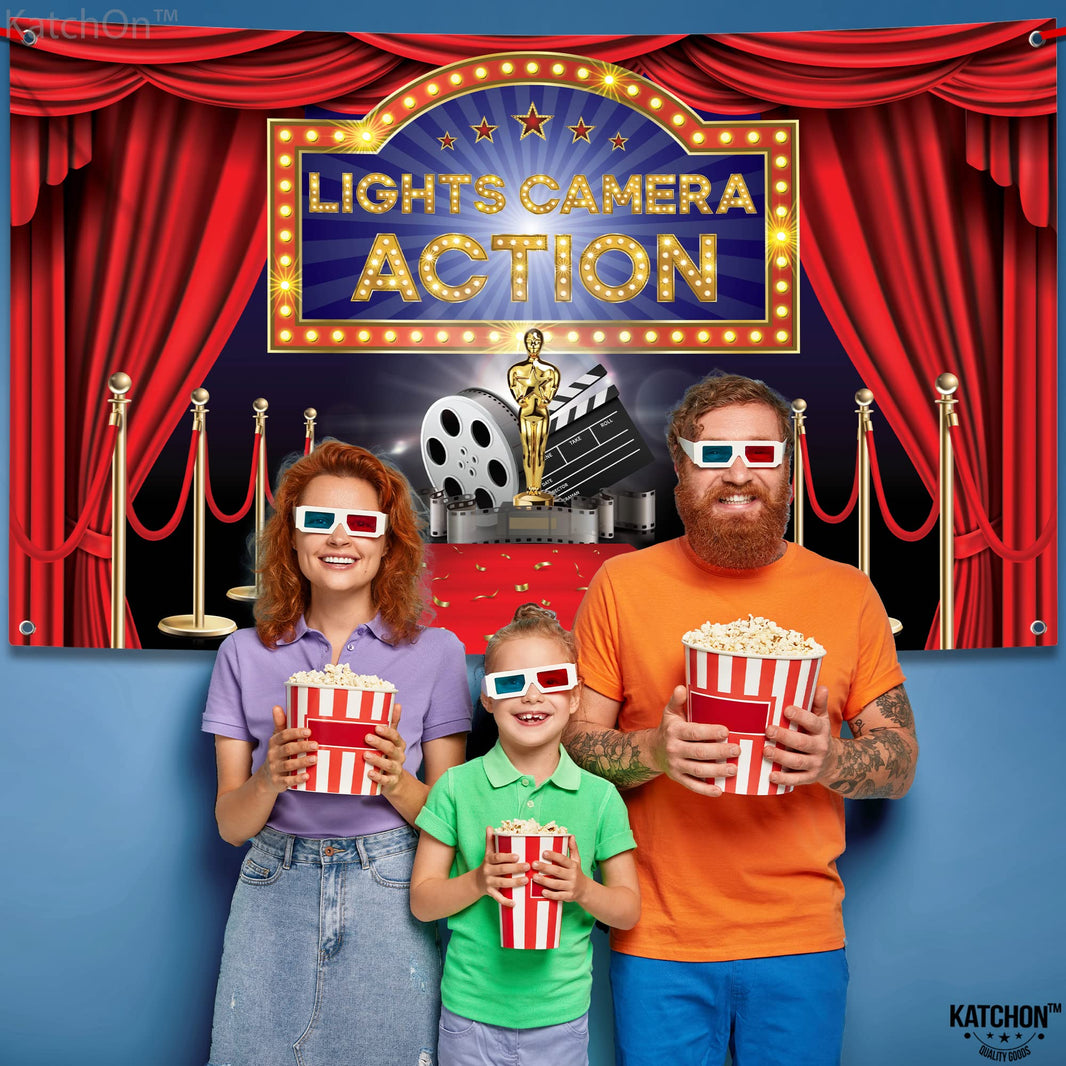 KatchOn, XtraLarge Lights Camera Action Backdrop - 72x44 Inch |Movie Theme Party Decoration | Hollywood Theme Party Decorations | Lights Camera Action Decorations | Hollywood Movie Night Backdrop