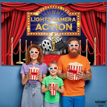KatchOn, XtraLarge Lights Camera Action Backdrop - 72x44 Inch |Movie Theme Party Decoration | Hollywood Theme Party Decorations | Lights Camera Action Decorations | Hollywood Movie Night Backdrop