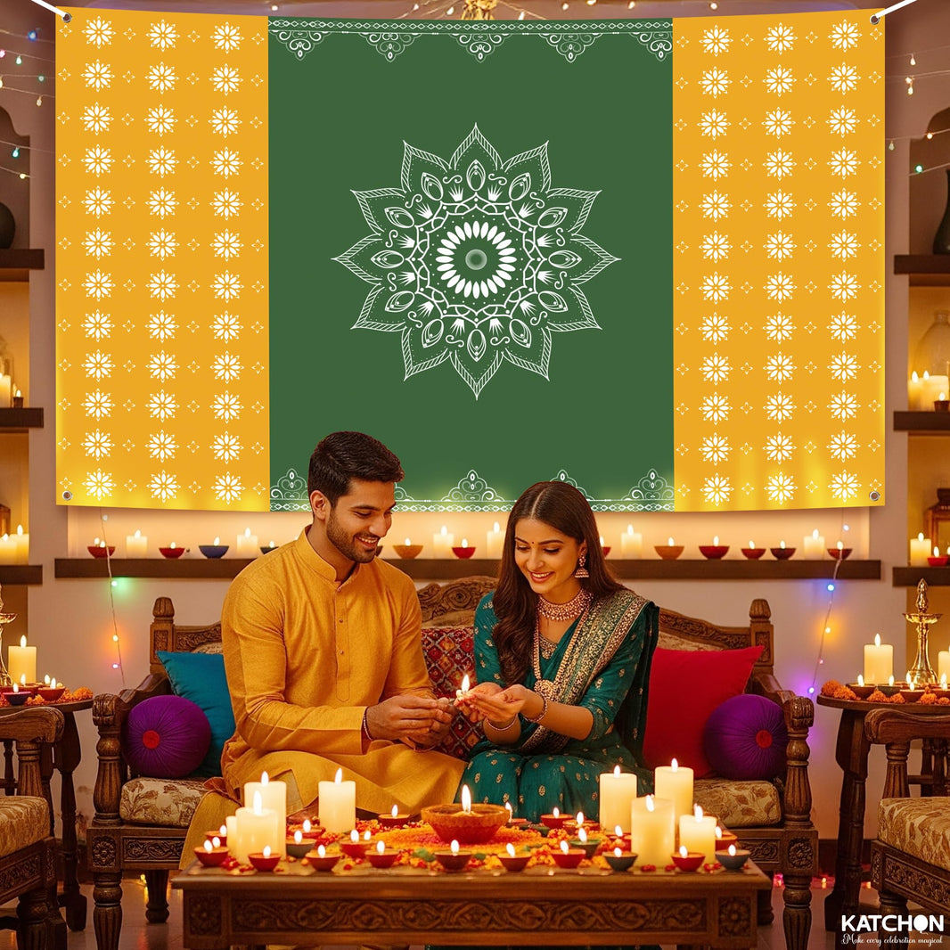 KatchOn, Xtralarge Indian Traditional Backdrop - 7.5X5 Feet | Navratri Decoration, Durga Puja & Diwali decorations For Home | Indian Photo Backdrop for Wedding, House Warming Decor, Happy Diwali