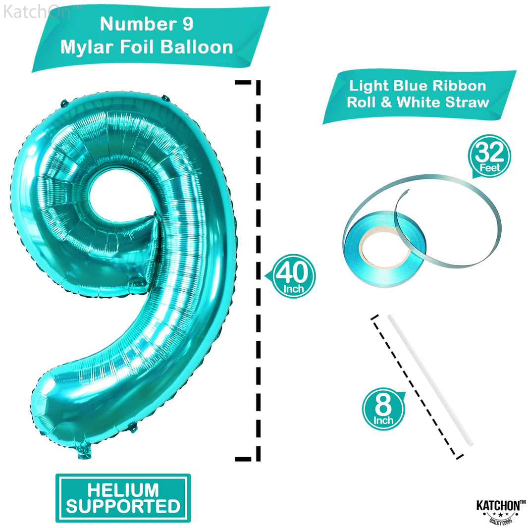 KatchOn, Giant Aqua Blue Number 9 Balloon - 40 Inch | Foil 9 Birthday Balloon for 9th Birthday Decorations | 9th Anniversary Decoration | Ocean Party Decoration