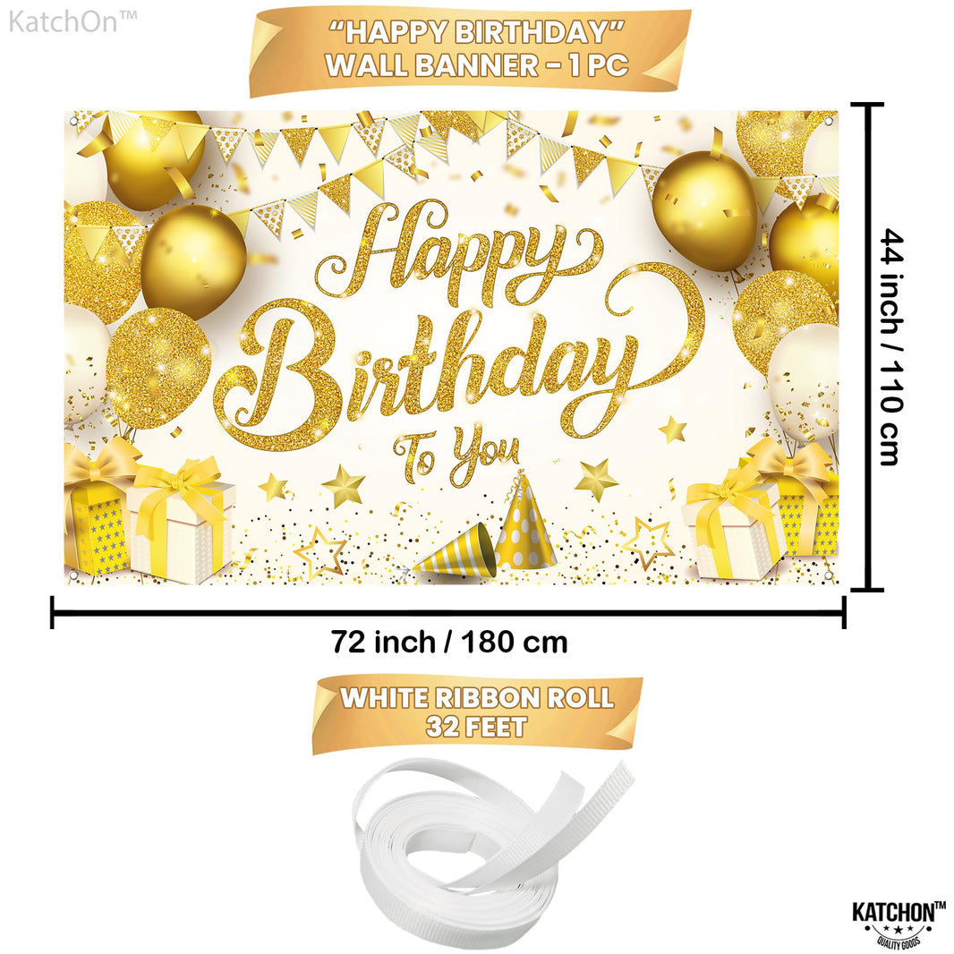 KatchOn, Gold Happy Birthday Banner - XtraLarge 72x44 Inch | Birthday Decorations for Women, Men, Boys and Girls | Hbd Banner Backdrop Gold And White Party Decoration
