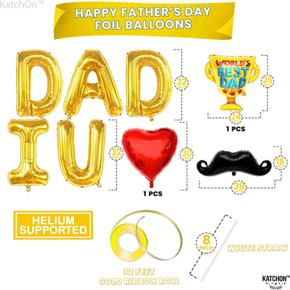 KatchOn, Fathers Day Balloons with Mustach - Giant 32 Inch, Pack of 8 | Gold I Love U Dad Balloons, Best Dad Trophy balloon | Happy Fathers Day Decorations for Party | Fathers day Foil balloons