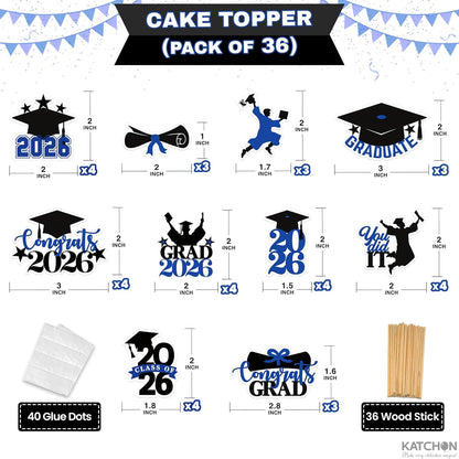 KatchOn, Blue and Black Graduation Cake Topper 2026 - Pack of 36 | Graduation Cupcake Toppers 2026 for Graduation Decorations 2026 | Graduation Decorations 2026, 2026 Graduation Cupcake Toppers