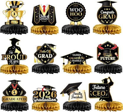 KatchOn, Black and Gold Graduation Centerpieces 2026 - Pack of 12 | Congrats Grad Honeycomb Centerpieces | Graduation Centerpieces For Tables 2026 | 2026 Graduation Decorations, Graduation Party Decor
