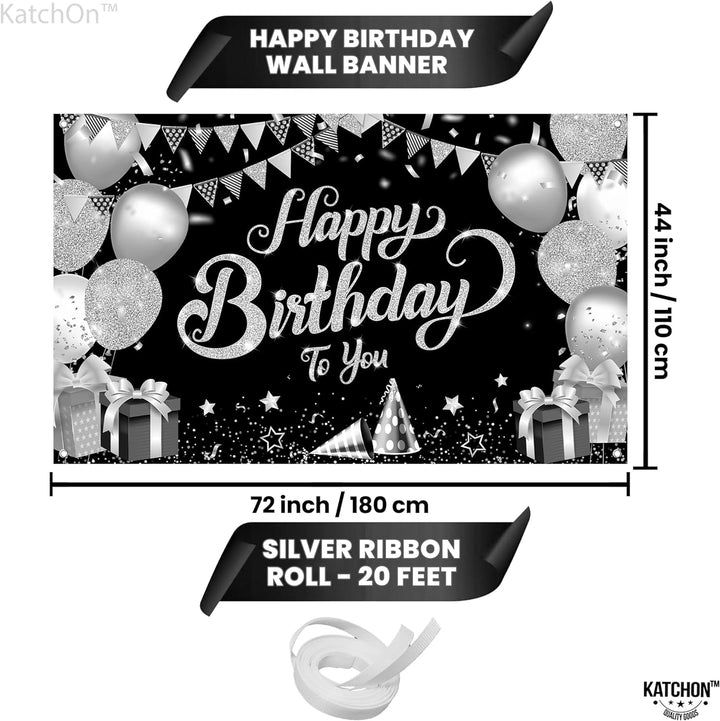 KatchOn, Black and White Happy Birthday Banner - Large, 72x44 Inch | Black and Silver Happy Birthday Banner for Women | Black White Silver Happy Birthday Decorations for Mens, Birthday Party Supplies