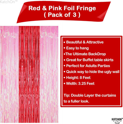 KatchOn, Xtralarge Pink and Red Streamer Backdrop - 3.2x8 Feet, Pack of 3 | Pink and Red Fringe Backdrop | Backdrop Curtain for Sweet Sixteen Party Decorations | Bachelorette Party Décor