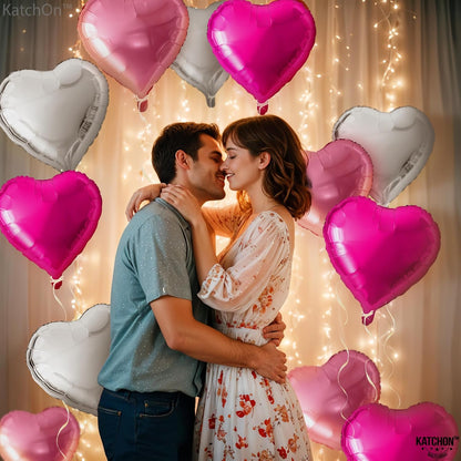 KatchOn, Silver and Pink Heart Balloons- 18 Inch, Pack of 12 | Heart Shaped Balloon for Valentines Day Decorations | Galentines Balloons for Galentines Day Decorations | Happy Valentines Day Balloon