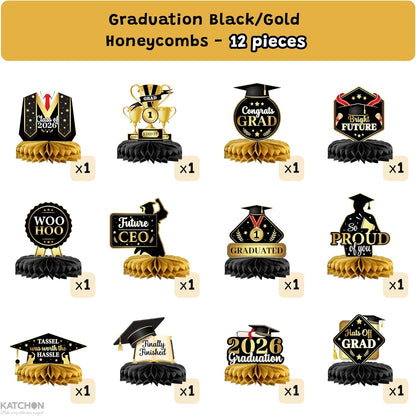 KatchOn, Black and Gold Graduation Centerpieces 2026 - Pack of 12 | Congrats Grad Honeycomb Centerpieces | Graduation Centerpieces For Tables 2026 | 2026 Graduation Decorations, Graduation Party Decor