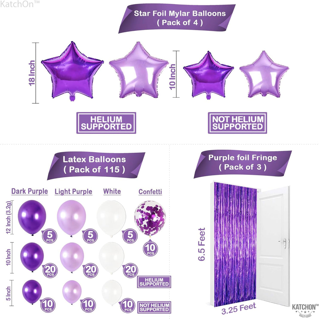 KatchOn, Purple Decorations Arch Set - Pack of 130 | Star Balloons, Fringe, Paper Fans, Swirls, latex Balloons for Graduation Decorations | Purple Birthday Decorations, Anniversary Decorations