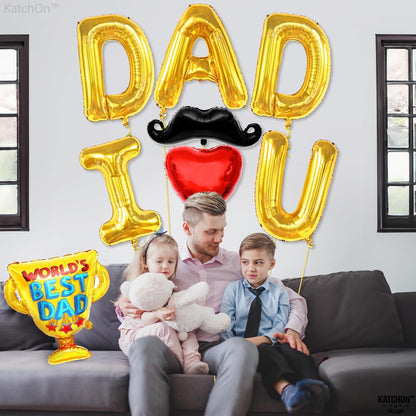 KatchOn, Fathers Day Balloons with Mustach - Giant 32 Inch, Pack of 8 | Gold I Love U Dad Balloons, Best Dad Trophy balloon | Happy Fathers Day Decorations for Party | Fathers day Foil balloons