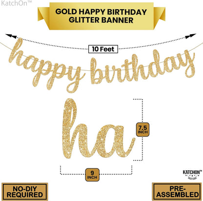 KatchOn, Gold Glitter Happy Birthday Banner - 10 Feet, Pre-Strung, No DIY | Happy Birthday Gold Banner for Happy Birthday Decorations for Women | Happy Birthday Sign, Gold Birthday Decorations for Men