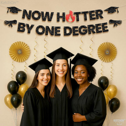 Katchon, Now Hotter By One Degree Banner - 10 Feet | Congrats Grad Banner | One Degree Hotter Decorations | Graduation Backdrop, 2026 Graduation Decorations | Glitter Black Graduation Banner