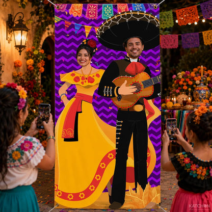 Katchon, Cinco de Mayo Couple Photo Door Banner - 5.97x 2.99feet | Fiesta Theme Photography Backdrop, Fiesta Photo Booth Background for Mexican Theme Birthday Party Supplies, Mexican Decorations