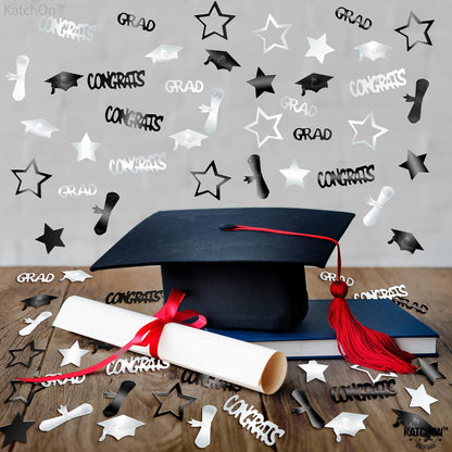 KatchOn, Black and Silver Graduation Confetti - Pack of 1300 | Grad Confetti for Graduation Decorations 2026, Black and Silver 2026 Graduation Decorations, Grad Table Decorations 2026