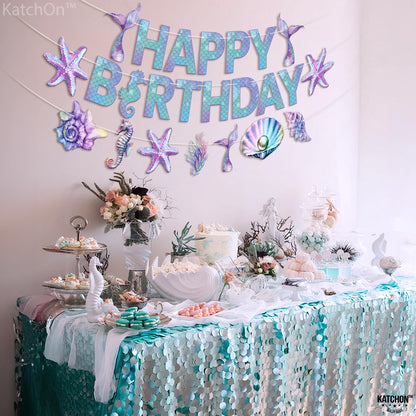 KatchOn, Blue Happy Birthday Banner - 10 Feet, No DIY | Happy Birthday Sign,mermaid party decorations | Mermaid Birthday Banner for Under The Sea Party Decorations | Mermaid Birthday Decorations