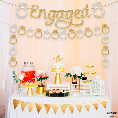 KatchOn, Pre-Strung Gold and Silver Glitter Engaged Banner - 2 String, 10 Feet, No DIY | Engagement Party Decorations |  Banner for Bachelorette Party Decorations, Engagement Decorations