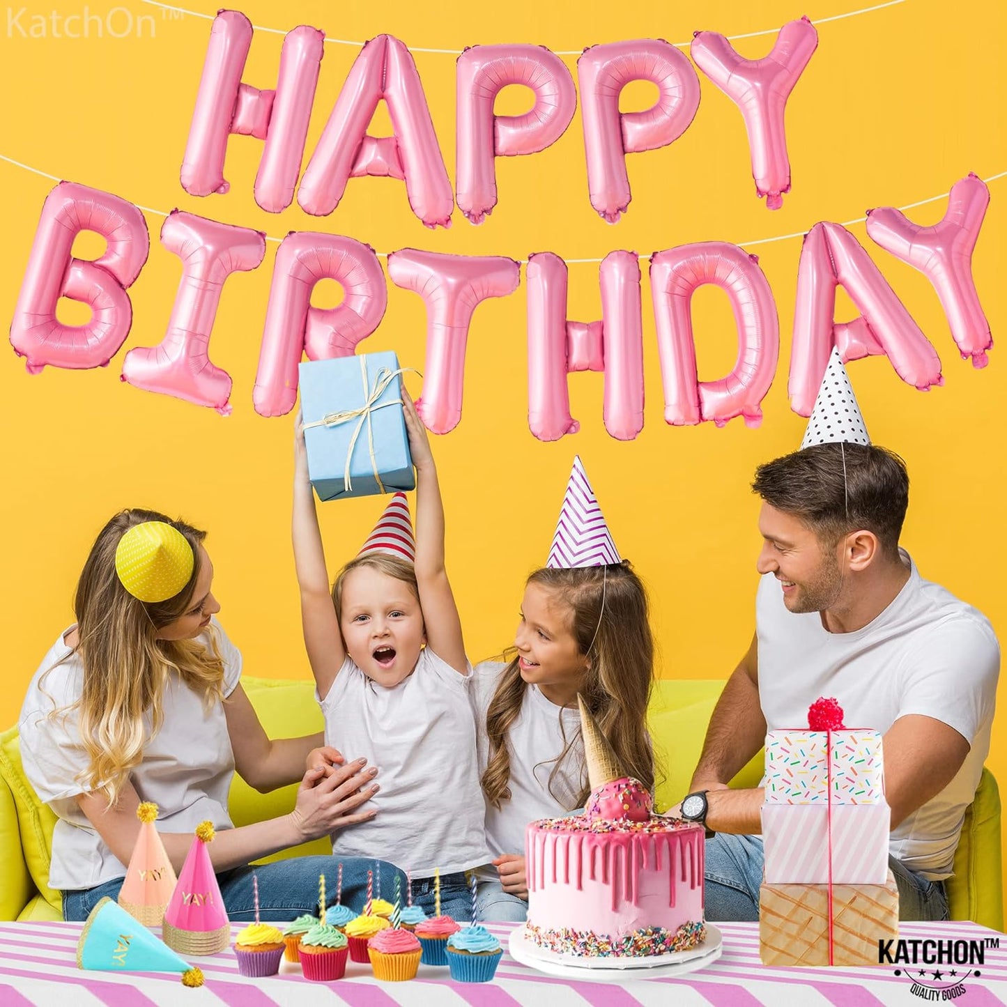 KatchOn, Pink Happy Birthday Banner - 16 Inch | Pink Happy Birthday Balloon Banner for Hot Pink Birthday Decorations | Happy Birthday Sign Balloons for Pink Party Decorations | Pink Party Supplies