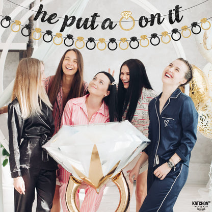 KatchOn, He Put a Ring On It Banner - 10 Feet, No DIY | Black and Gold Engagement Party Decorations | He Put A Ring On It Sign for Bachelorette Party Decorations, Bridal Shower Decorations