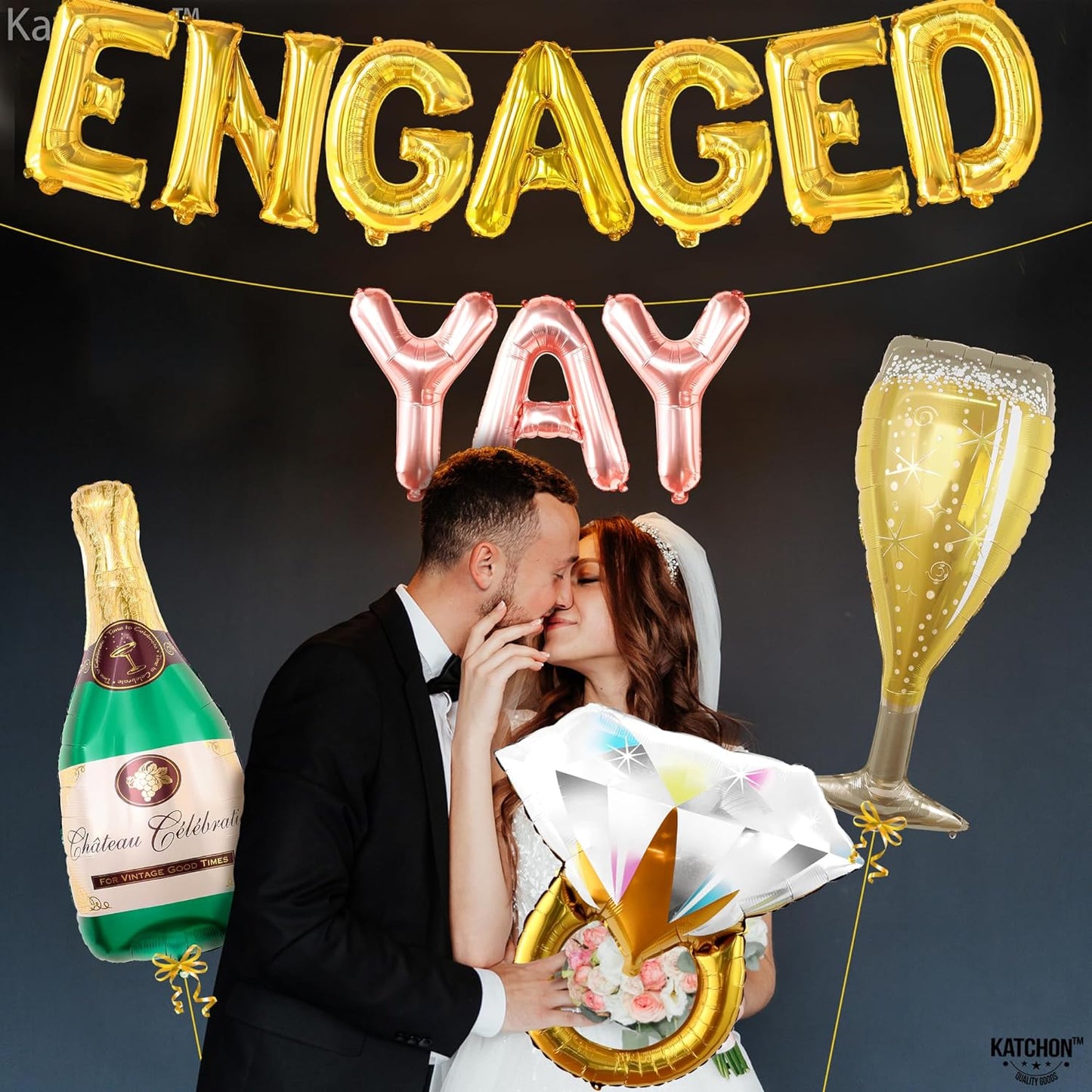 KatchOn, Yay Engaged Balloons Set - 37 Inch, Pack of 13 | Engagement Balloons for Engagement Party Decorations | Champagne Balloon, Engagement Decorations | Ring Balloons, Engagement Party Decor