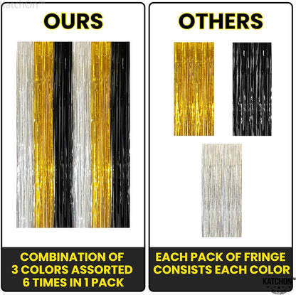 KatchOn, XtraLarge Silver Black and Gold Backdrop - 3.2x8 Ft, Pack of 2 | Black Gold and Silver Party Decorations | Fringe Backdrop for Anniversary, Bachelorette, Engagement, Birthday Decorations