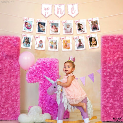 KatchOn, Pink Bow One Birthday Photo Banner - 2 Strings, 10 Feet | Pre Strung 1-12 Month Photo Banner for 1st Birthday Decorations | Bow Party Decorations