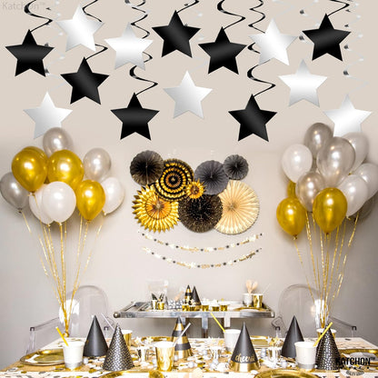 KatchOn, Black and Silver Star Hanging Swirls - Pack of 32, No DIY | Black and Silver Party Decorations | 2024 Graduation Party Decorations | Black and White Party Decorations for Birthday Party