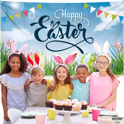 KatchOn, Large Happy Easter Backdrop - 72x44 Inch | Happy Easter Banner Decorations | Easter Decorations Backdrop | Easter Backdrops for Photography | Easter Party Decorations, Easter Wall Decorations