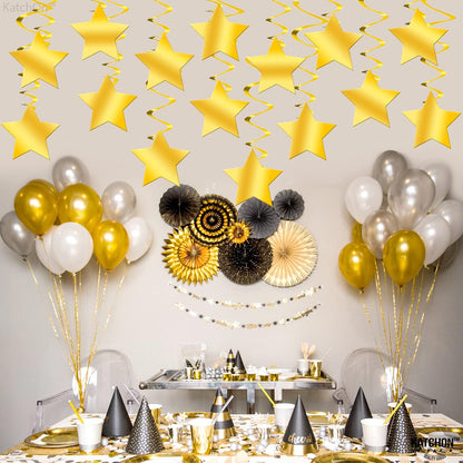 KatchOn, Shiny Gold Star Hanging Swirls - Pack of 30, No DIY | Gold Star Decorations for Party for Oscar Party Decorations | Hanging Gold Stars, Hollywood Theme Decorations | Talent Show Decorations