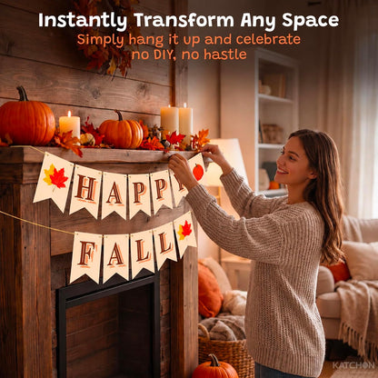 Happy Fall Banner, 3 strings - No DIY Required | Happy Fall Banner with Maple Leaves and Pumpkin for Fall Decor, Fall Decorations for Mantle Fireplace, Thanksgiving Banner - KatchOn