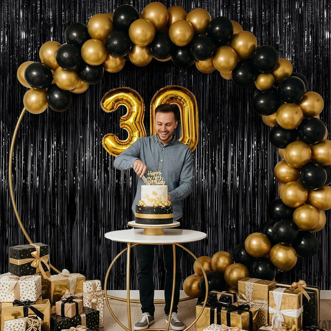 KatchOn XtraLarge Black Streamers - 3.2x8 Feet, Pack of 2 | Fringe Backdrop for Black Party Decorations | Tinsel Backdrop for Birthday, Bachelorette, Anniversary, | New Years, Halloween Decorations